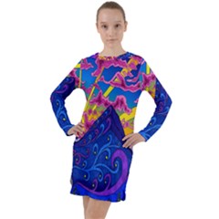 Blue And Purple Mountain Painting Psychedelic Colorful Lines Long Sleeve Hoodie Dress by Bedest