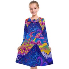 Blue And Purple Mountain Painting Psychedelic Colorful Lines Kids  Midi Sailor Dress by Bedest