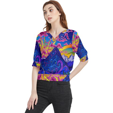 Blue And Purple Mountain Painting Psychedelic Colorful Lines Quarter Sleeve Blouse by Bedest