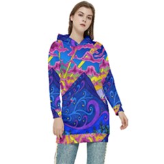 Blue And Purple Mountain Painting Psychedelic Colorful Lines Women s Long Oversized Pullover Hoodie by Bedest