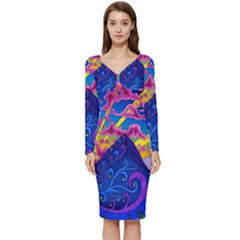 Blue And Purple Mountain Painting Psychedelic Colorful Lines Long Sleeve V-neck Bodycon Dress  by Bedest