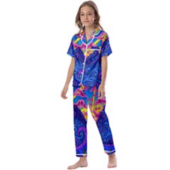 Blue And Purple Mountain Painting Psychedelic Colorful Lines Kids  Satin Short Sleeve Pajamas Set by Bedest