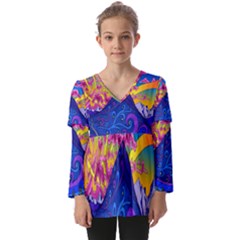 Blue And Purple Mountain Painting Psychedelic Colorful Lines Kids  V Neck Casual Top by Bedest