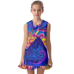 Blue And Purple Mountain Painting Psychedelic Colorful Lines Kids  Pilgrim Collar Ruffle Hem Dress by Bedest