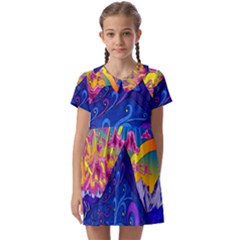 Blue And Purple Mountain Painting Psychedelic Colorful Lines Kids  Asymmetric Collar Dress by Bedest