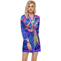 Blue And Purple Mountain Painting Psychedelic Colorful Lines Long Sleeve Satin Robe by Bedest