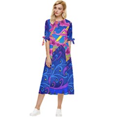 Blue And Purple Mountain Painting Psychedelic Colorful Lines Bow Sleeve Chiffon Midi Dress by Bedest