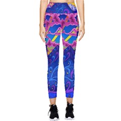 Blue And Purple Mountain Painting Psychedelic Colorful Lines Pocket Leggings  by Bedest