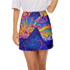 Blue And Purple Mountain Painting Psychedelic Colorful Lines Mini Front Wrap Skirt by Bedest