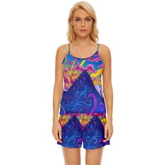 Blue And Purple Mountain Painting Psychedelic Colorful Lines Satin Pajama Short Set by Bedest