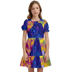 Blue And Purple Mountain Painting Psychedelic Colorful Lines Kids  Puff Sleeved Dress by Bedest