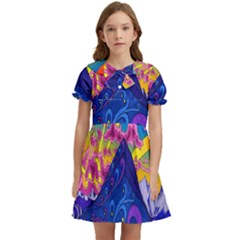 Blue And Purple Mountain Painting Psychedelic Colorful Lines Kids  Bow Tie Puff Sleeve Dress by Bedest