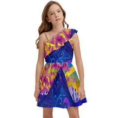 Blue And Purple Mountain Painting Psychedelic Colorful Lines Kids  One Shoulder Party Dress by Bedest