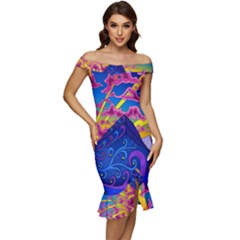 Blue And Purple Mountain Painting Psychedelic Colorful Lines Off Shoulder Ruffle Split Hem Bodycon Dress by Bedest