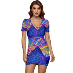 Blue And Purple Mountain Painting Psychedelic Colorful Lines Low Cut Cap Sleeve Mini Dress by Bedest