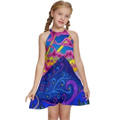 Blue And Purple Mountain Painting Psychedelic Colorful Lines Kids  Halter Collar Waist Tie Chiffon Dress by Bedest