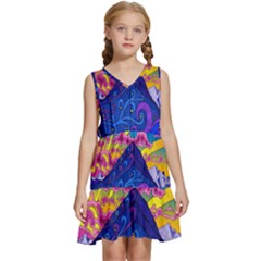 Blue And Purple Mountain Painting Psychedelic Colorful Lines Kids  Sleeveless Tiered Mini Dress by Bedest