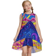 Blue And Purple Mountain Painting Psychedelic Colorful Lines Kids  Frill Swing Dress by Bedest