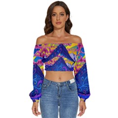 Blue And Purple Mountain Painting Psychedelic Colorful Lines Long Sleeve Crinkled Weave Crop Top by Bedest