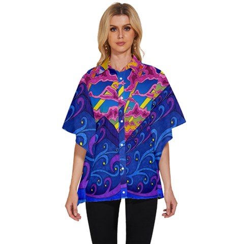 Blue And Purple Mountain Painting Psychedelic Colorful Lines Women s Batwing Button Up Shirt by Bedest