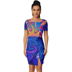 Blue And Purple Mountain Painting Psychedelic Colorful Lines Fitted Knot Split End Bodycon Dress by Bedest