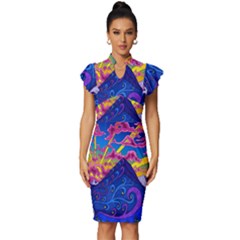 Blue And Purple Mountain Painting Psychedelic Colorful Lines Vintage Frill Sleeve V-neck Bodycon Dress by Bedest