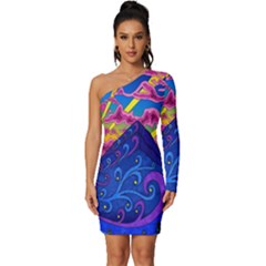 Blue And Purple Mountain Painting Psychedelic Colorful Lines Long Sleeve One Shoulder Mini Dress by Bedest