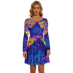 Blue And Purple Mountain Painting Psychedelic Colorful Lines Long Sleeve Wide Neck Velvet Dress by Bedest