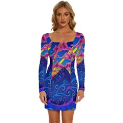 Blue And Purple Mountain Painting Psychedelic Colorful Lines Long Sleeve Square Neck Bodycon Velvet Dress by Bedest