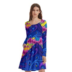 Blue And Purple Mountain Painting Psychedelic Colorful Lines Long Sleeve Knee Length Skater Dress With Pockets by Bedest