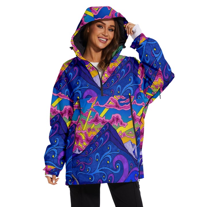 Blue And Purple Mountain Painting Psychedelic Colorful Lines Women s Ski and Snowboard Jacket