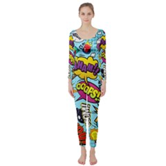 Vintage Tattoos Colorful Seamless Pattern Long Sleeve Catsuit by Bedest