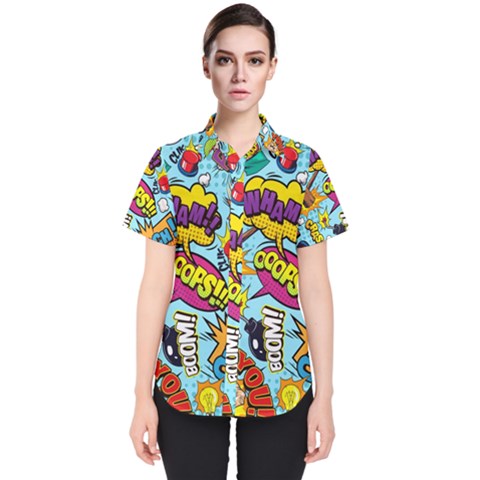 Vintage Art Tattoos Colorful Seamless Pattern Women s Short Sleeve Shirt by Bedest