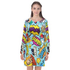 Vintage Art Tattoos Colorful Seamless Pattern Long Sleeve Chiffon Shift Dress  by Bedest