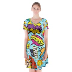 Graffiti Word Seamless Pattern Short Sleeve V-neck Flare Dress by Bedest