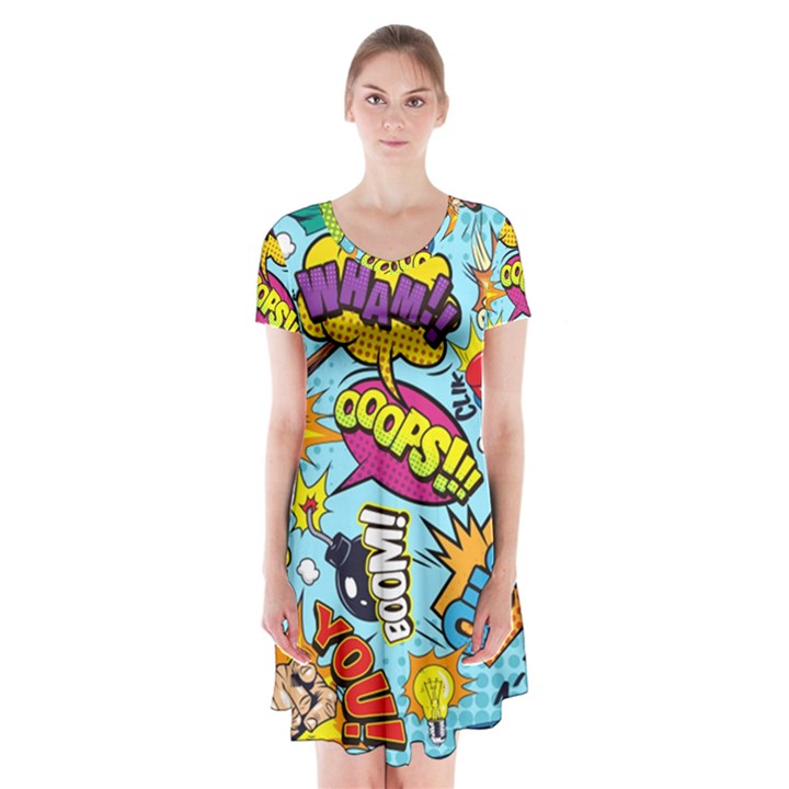 Graffiti Word Seamless Pattern Short Sleeve V-neck Flare Dress