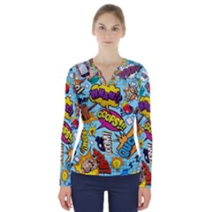 Graffiti Word Seamless Pattern V-neck Long Sleeve Top by Bedest