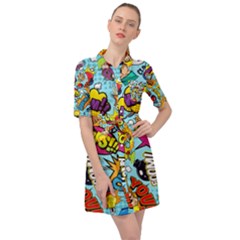 Vintage Art Tattoos Colorful Seamless Pattern Belted Shirt Dress by Bedest