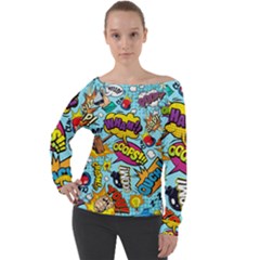 Graffiti Word Seamless Pattern Off Shoulder Long Sleeve Velour Top by Bedest