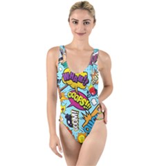 Graffiti Word Seamless Pattern High Leg Strappy Swimsuit by Bedest