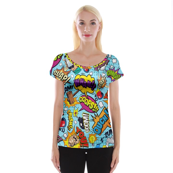 Comic Elements Colorful Seamless Pattern Cap Sleeve Top