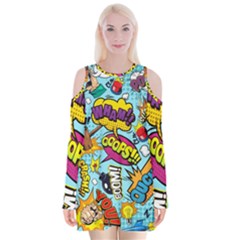 Comic Elements Colorful Seamless Pattern Velvet Long Sleeve Shoulder Cutout Dress by Bedest