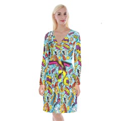 Comic Elements Colorful Seamless Pattern Long Sleeve Velvet Front Wrap Dress by Bedest