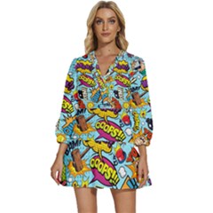 Graffiti Word Seamless Pattern V-neck Placket Mini Dress by Bedest