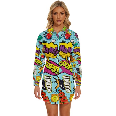 Graffiti Word Seamless Pattern Womens Long Sleeve Shirt Dress by Bedest