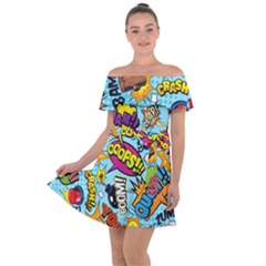 Comic Elements Colorful Seamless Pattern Off Shoulder Velour Dress by Bedest