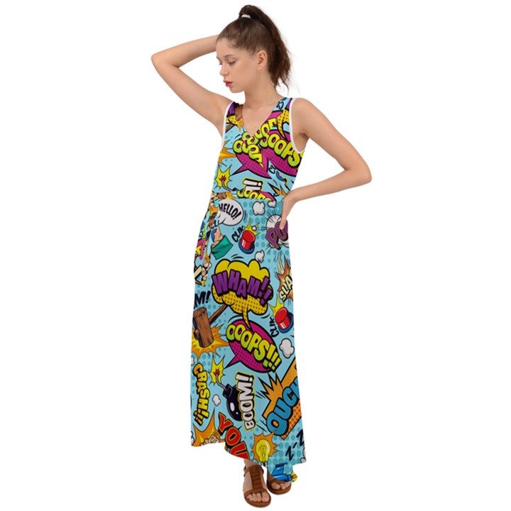 Comic Elements Colorful Seamless Pattern V-Neck Chiffon Maxi Dress