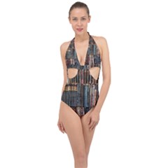 Abstract Colorful Texture Halter Front Plunge Swimsuit by Bedest