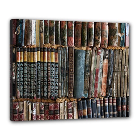 Assorted Title Of Books Piled In The Shelves Assorted Book Lot Inside The Wooden Shelf Canvas 20  X 16  (stretched) by Bedest