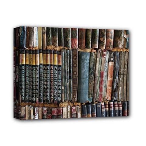 Assorted Title Of Books Piled In The Shelves Assorted Book Lot Inside The Wooden Shelf Deluxe Canvas 14  X 11  (stretched) by Bedest